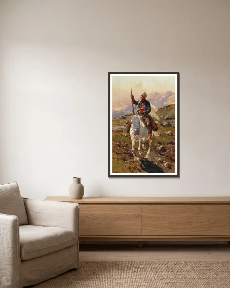 Ein kaukasischer Reiter von Franz Roubaud gerahmt an einer Wand