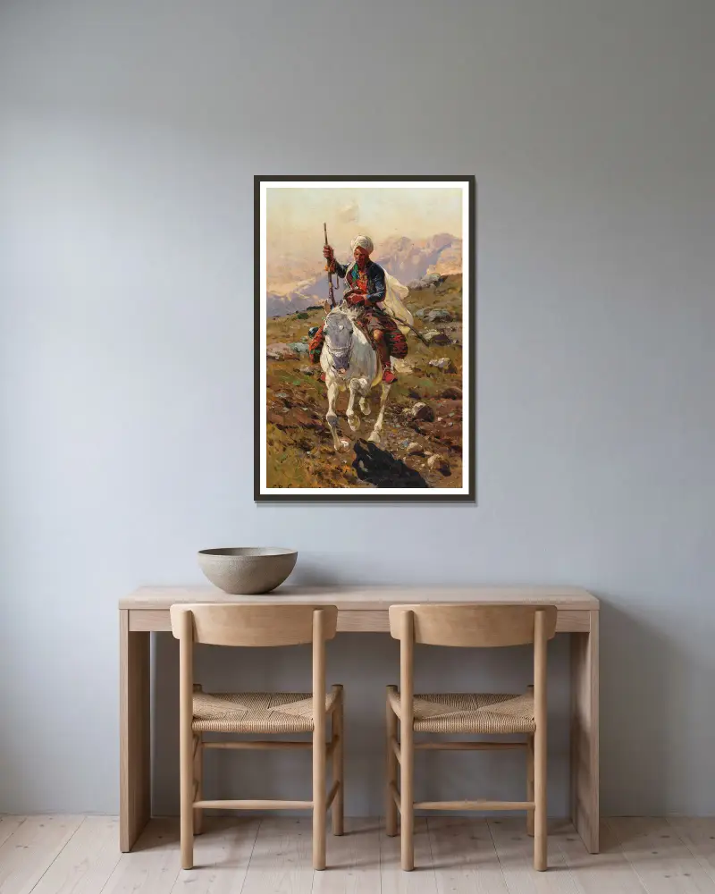 Ein kaukasischer Reiter von Franz Roubaud gerahmt an einer Wand