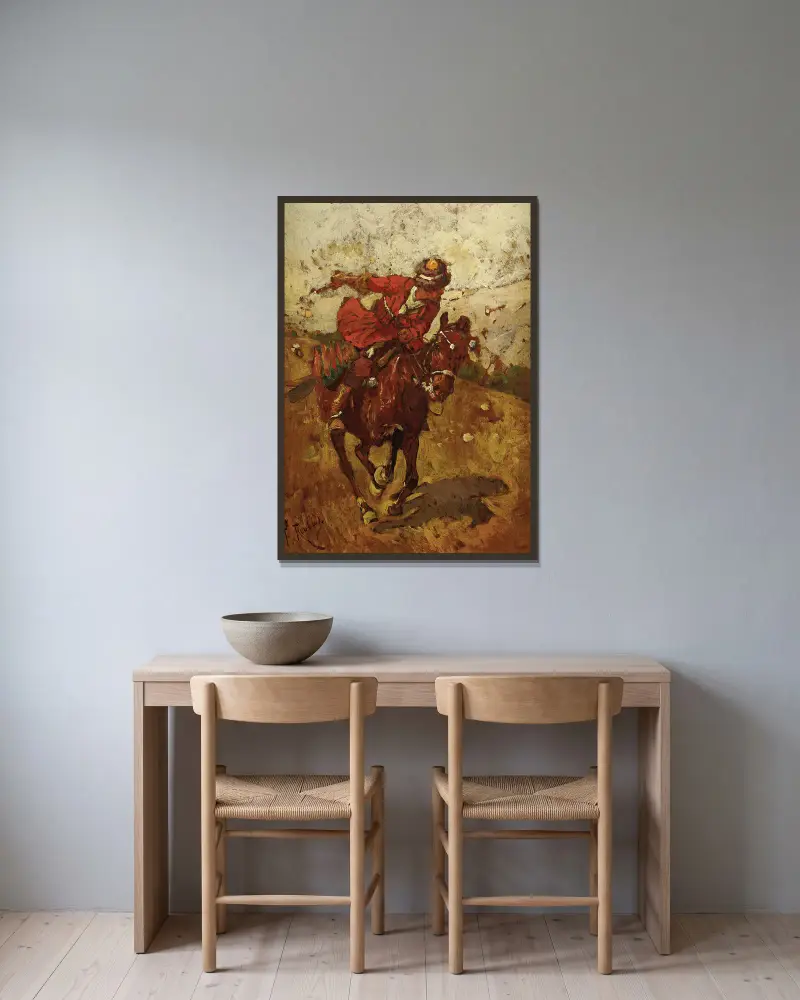 Cossack Horseman av Franz Roubaud inramad på en vägg