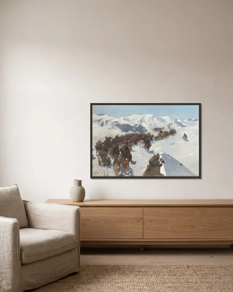 Argutinskijs övergång över Kaukasus snötäckta berg 1853 av Franz Roubaud inramad på en vägg