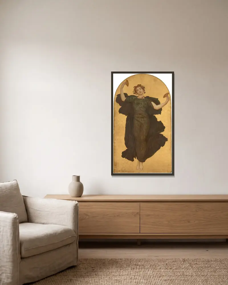 Dansande flicka med cymbaler i grön dräkt av Frederic Leighton inramad på en vägg
