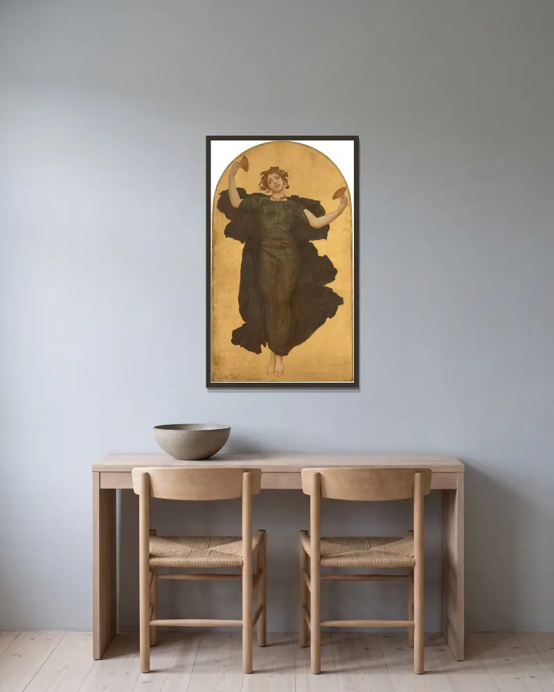 Dansande flicka med cymbaler i grön dräkt av Frederic Leighton inramad på en vägg