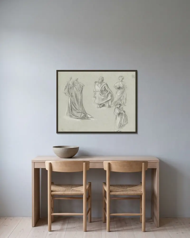 A sheet of figure studies av Frederic Leighton inramad på en vägg