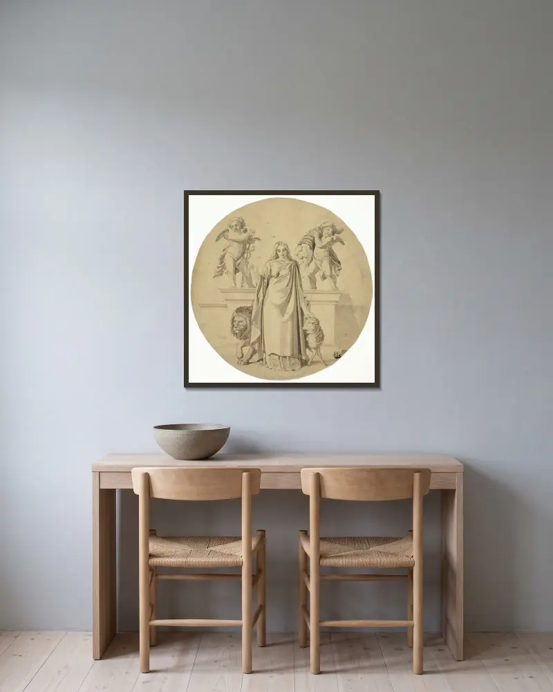 Allegorische weibliche Figur mit Löwe, Lamm und zwei Putten von Frederic Leighton gerahmt an einer Wand