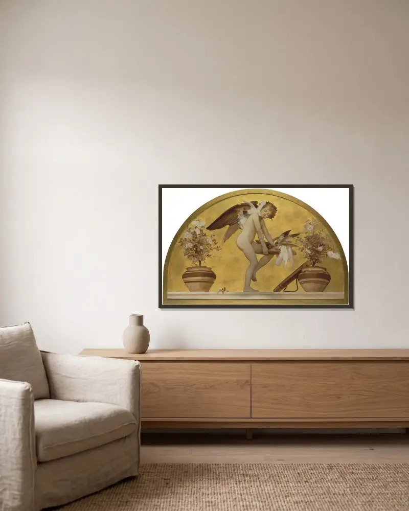 Amor und Tauben von Frederic Leighton gerahmt an einer Wand