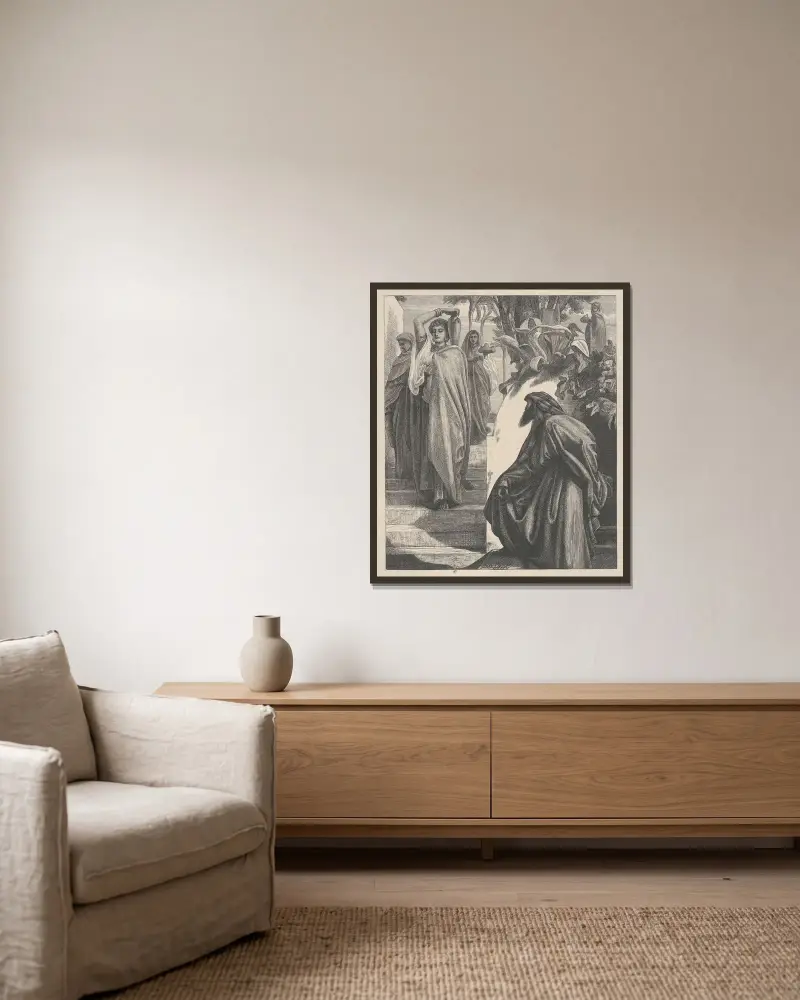 Elieser und Rebekka von Frederic Leighton gerahmt an einer Wand