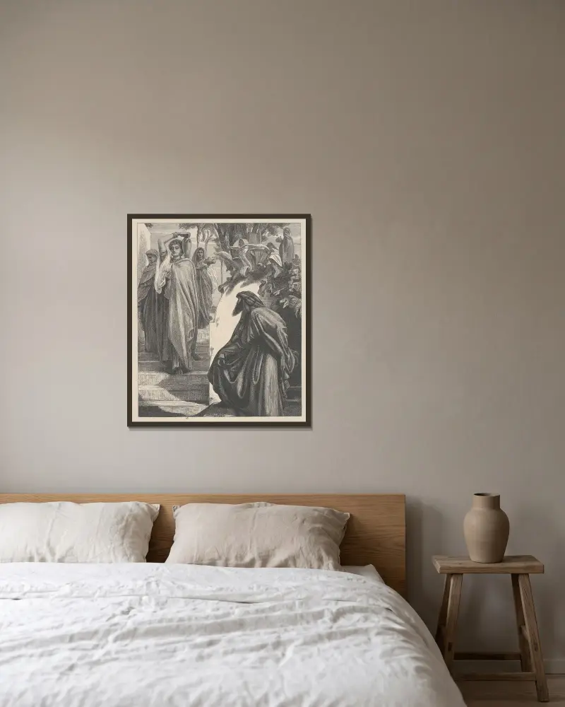 Elieser und Rebekka von Frederic Leighton gerahmt an einer Wand