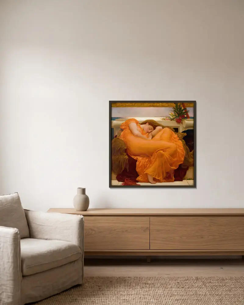 Flaming June von Frederic Leighton gerahmt an einer Wand
