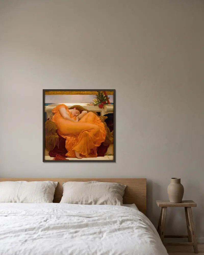 Flaming June von Frederic Leighton gerahmt an einer Wand