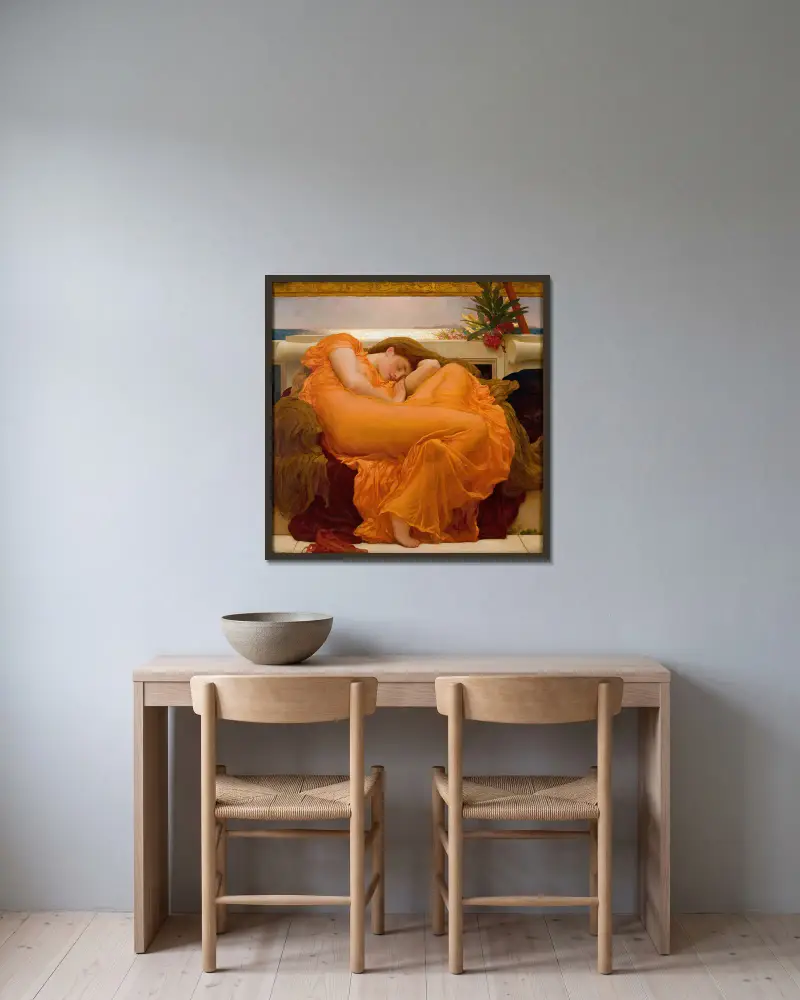 Flaming June von Frederic Leighton gerahmt an einer Wand