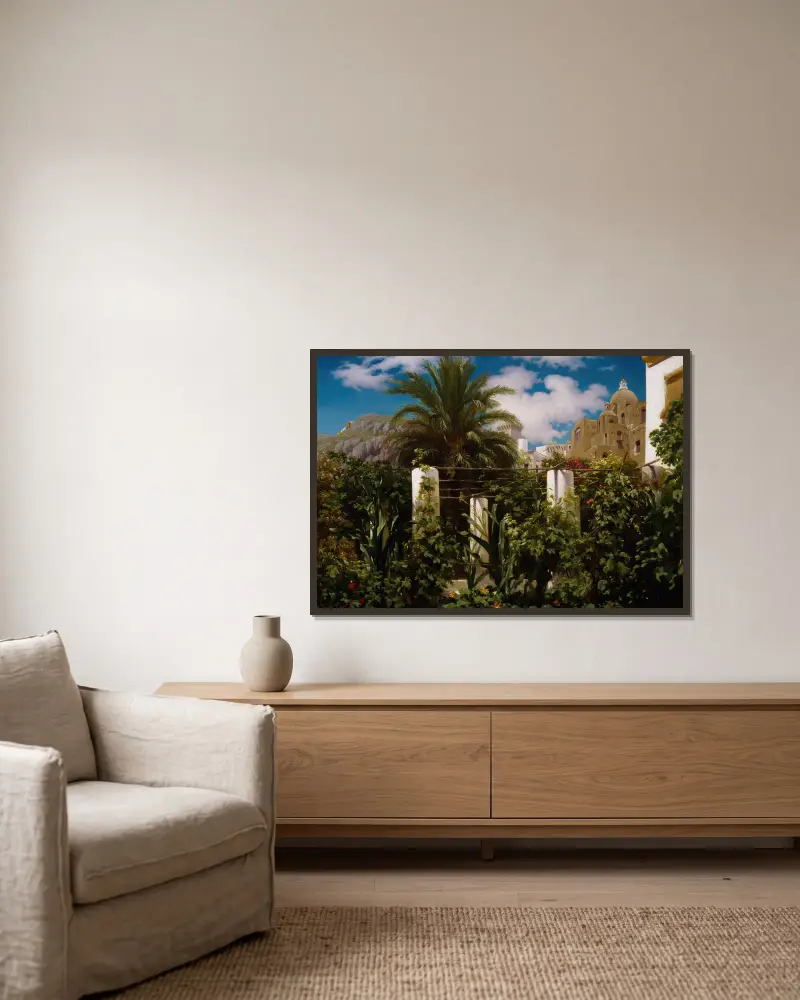 Värdshusets trädgård, Capri av Frederic Leighton inramad på en vägg