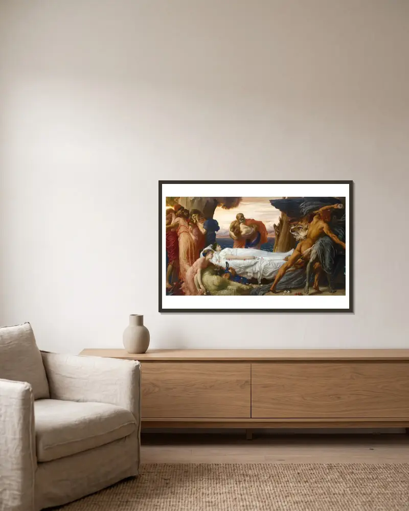 Hercules brottas med döden om Alkestis kropp av Frederic Leighton inramad på en vägg