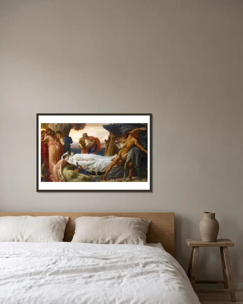 Hercules brottas med döden om Alkestis kropp av Frederic Leighton inramad på en vägg