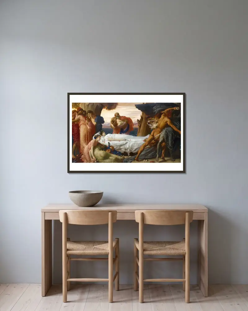 Hercules brottas med döden om Alkestis kropp av Frederic Leighton inramad på en vägg