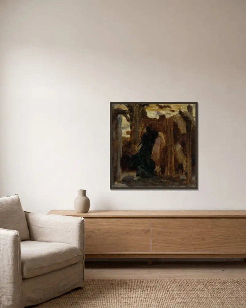 Rizpah, a colour sketch av Frederic Leighton inramad på en vägg