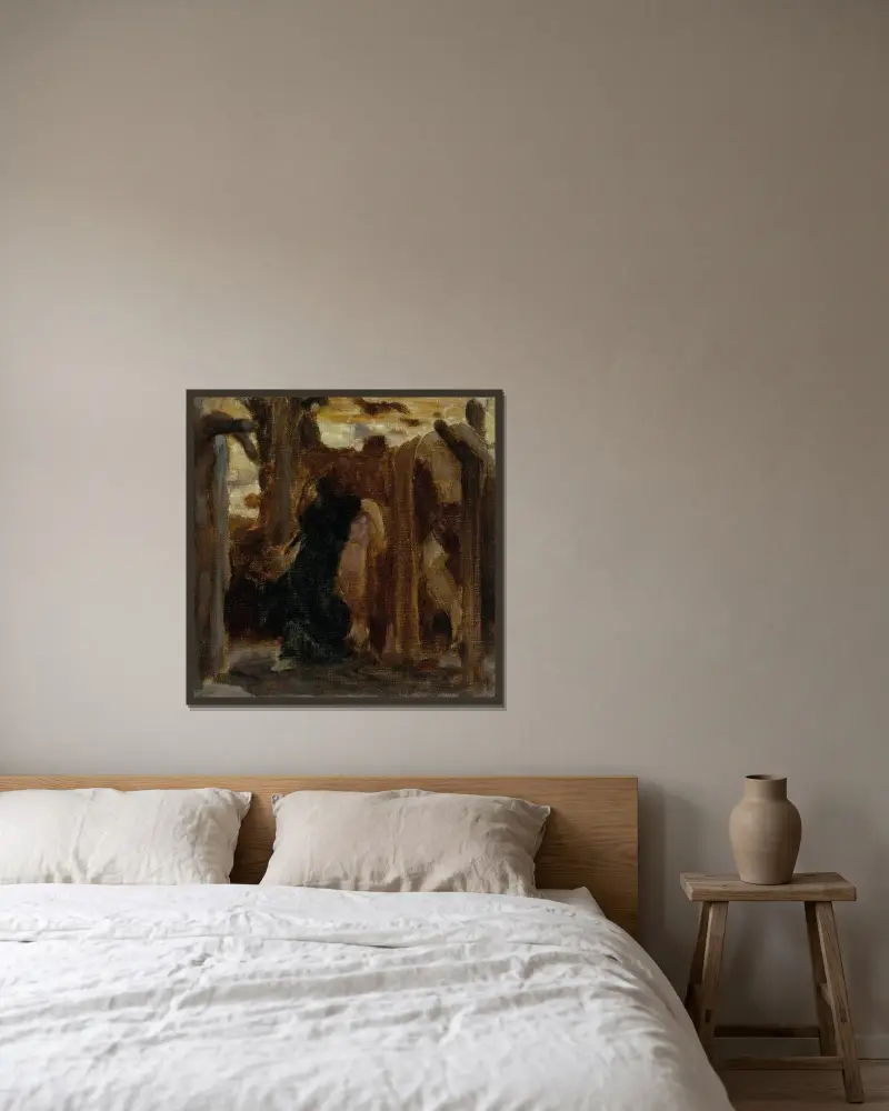 Rizpah, a colour sketch av Frederic Leighton inramad på en vägg