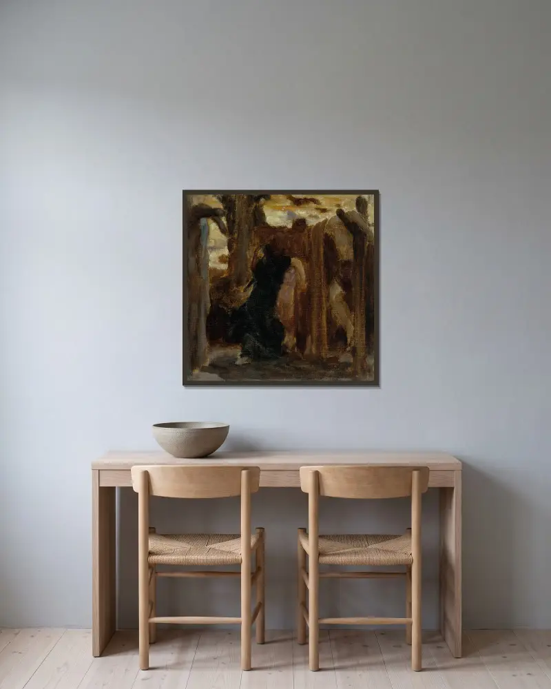 Rizpah, a colour sketch av Frederic Leighton inramad på en vägg