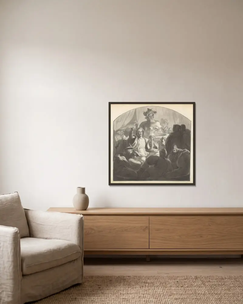 Talare som tilltalar manliga figurer samlade nattetid kring en fontän av Frederic Leighton inramad på en vägg