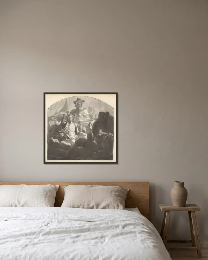 Talare som tilltalar manliga figurer samlade nattetid kring en fontän av Frederic Leighton inramad på en vägg