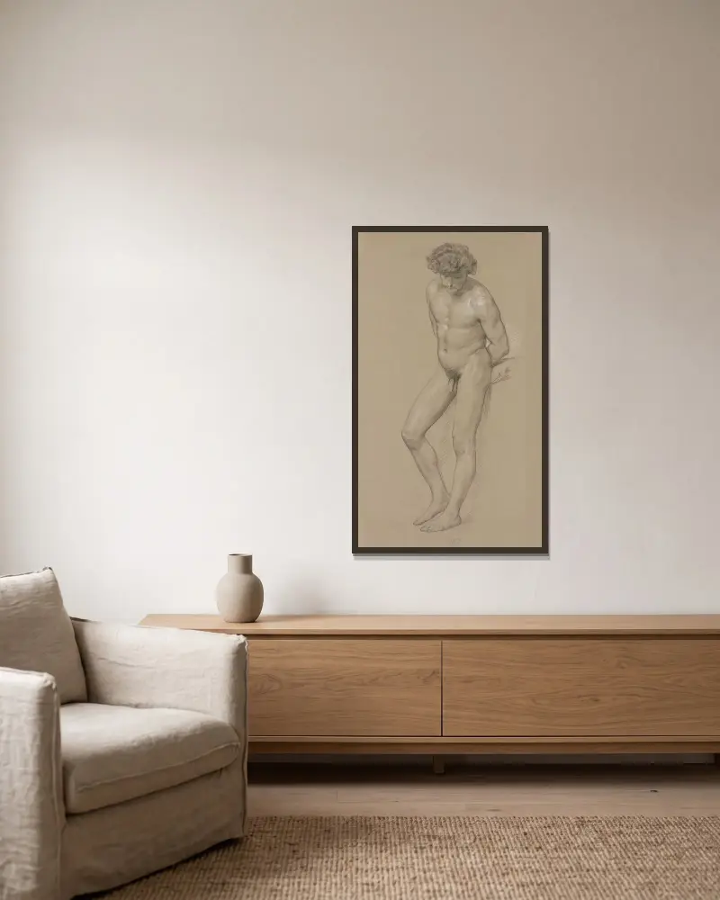 Standing male nude. – nr 1 av Frederic Leighton inramad på en vägg