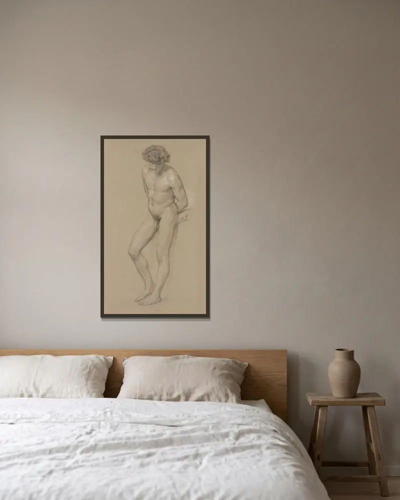 Standing male nude. – nr 1 av Frederic Leighton inramad på en vägg