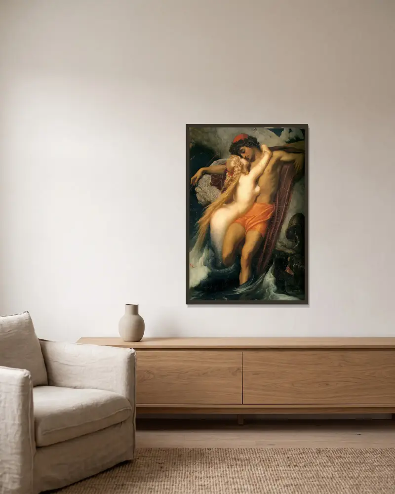 Fiskaren och sjöjungfrun av Frederic Leighton inramad på en vägg