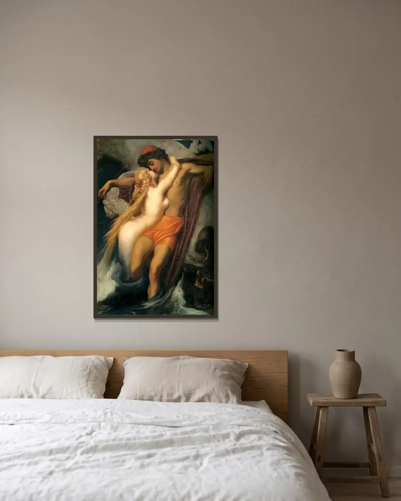 Fiskaren och sjöjungfrun av Frederic Leighton inramad på en vägg