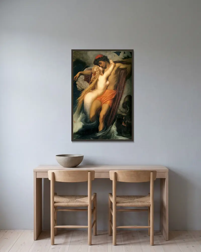 Fiskaren och sjöjungfrun av Frederic Leighton inramad på en vägg