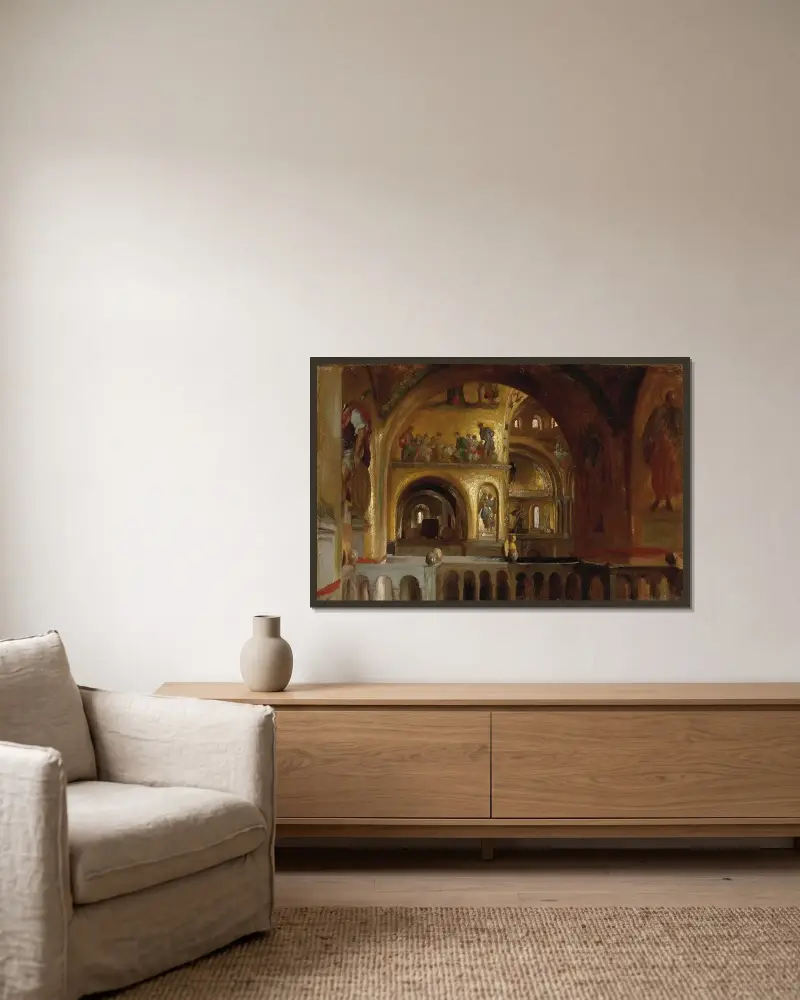 Interiören av Markuskyrkan i Venedig av Frederic Leighton inramad på en vägg
