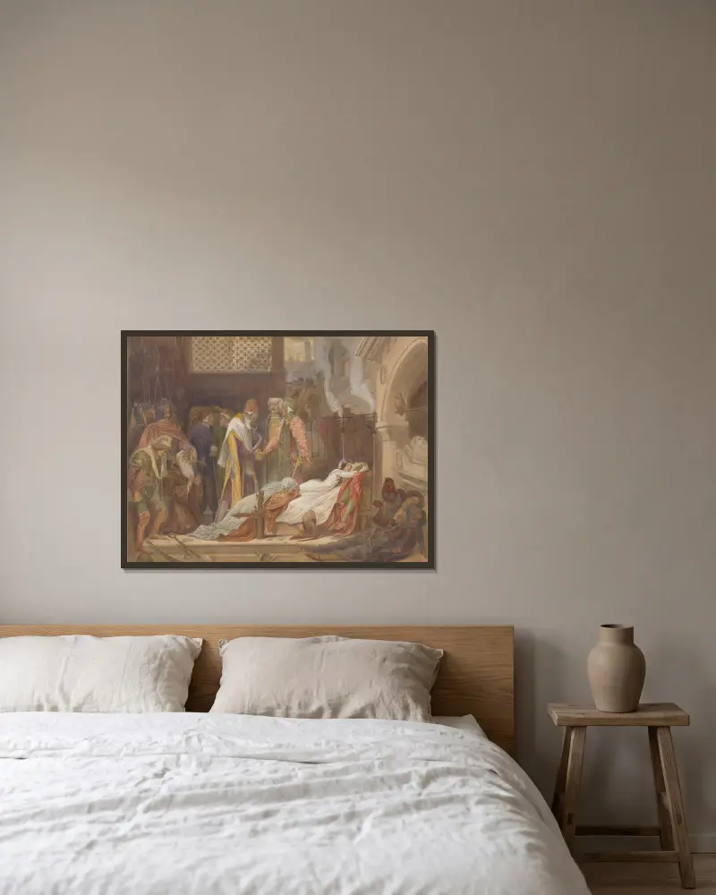 Försoningen mellan Montagues och Capulets av Frederic Leighton inramad på en vägg
