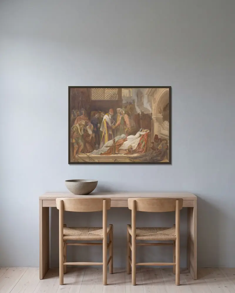 Försoningen mellan Montagues och Capulets av Frederic Leighton inramad på en vägg