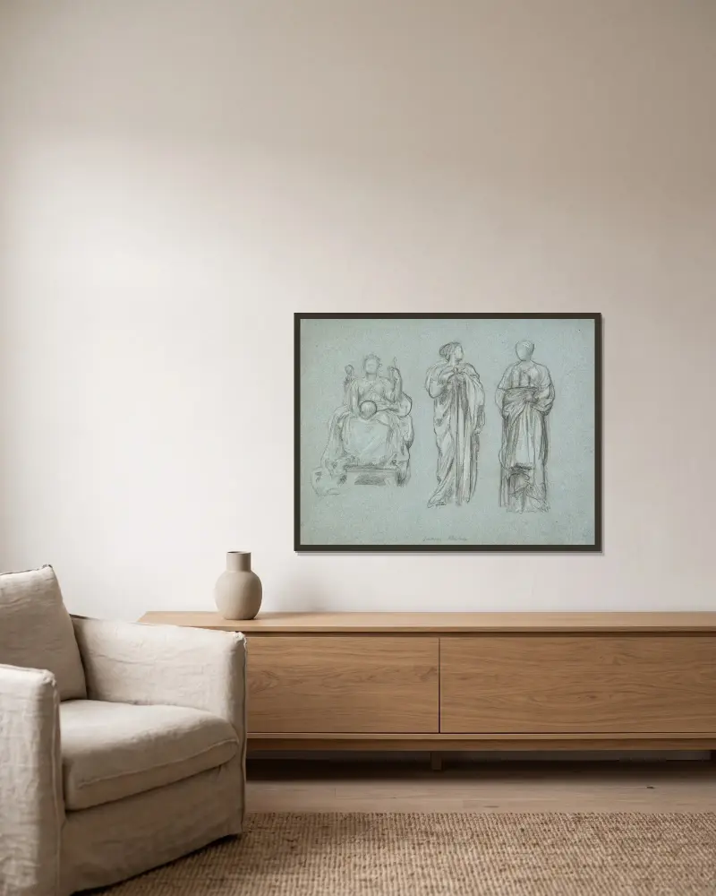 Drei Studien drapierter weiblicher Figuren, eine sitzend von Frederic Leighton gerahmt an einer Wand