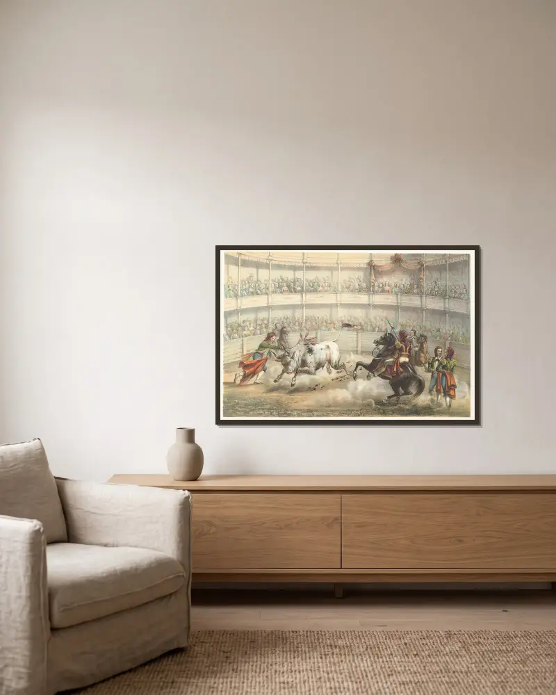 Corrida de toros av Pierre Toussaint Frédéric Mialhe inramad på en vägg