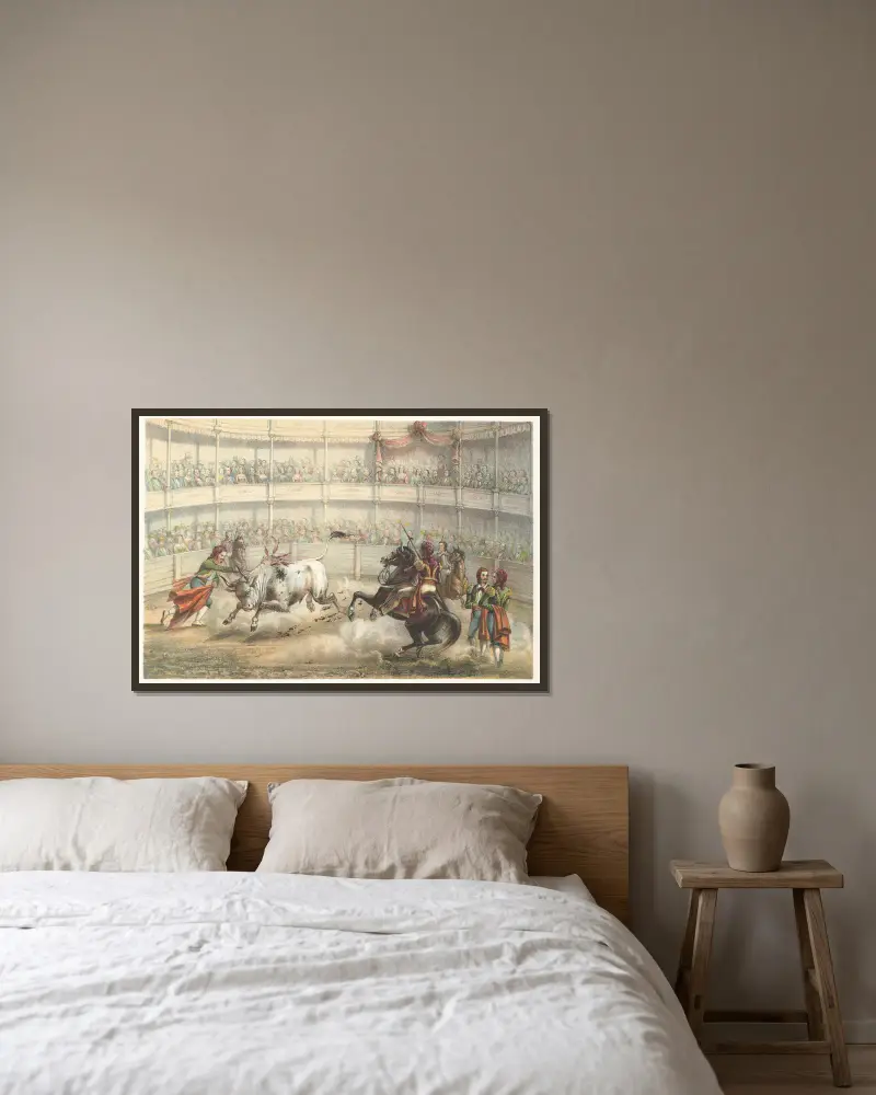 Corrida de toros av Pierre Toussaint Frédéric Mialhe inramad på en vägg