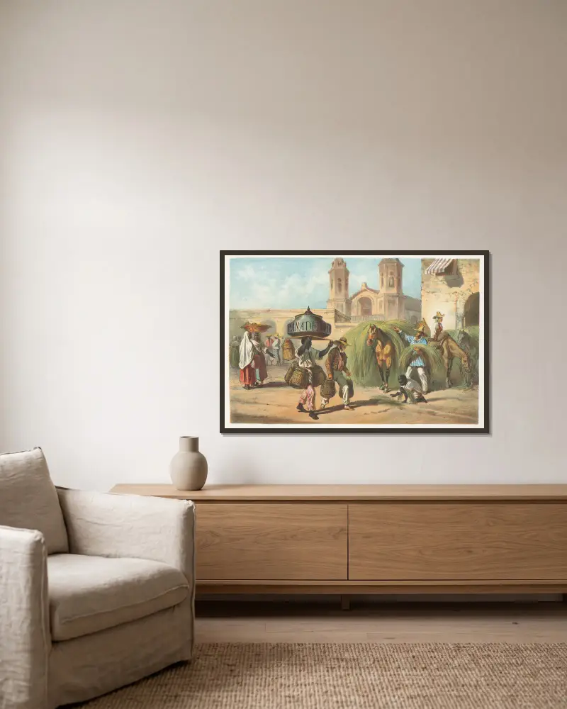 Die Tamburinspielerin und der Malojero von Pierre Toussaint Frédéric Mialhe gerahmt an einer Wand