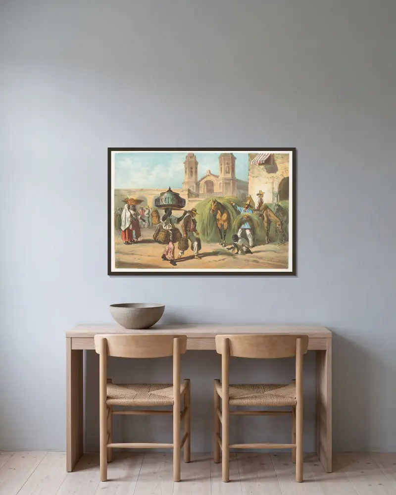 Die Tamburinspielerin und der Malojero von Pierre Toussaint Frédéric Mialhe gerahmt an einer Wand