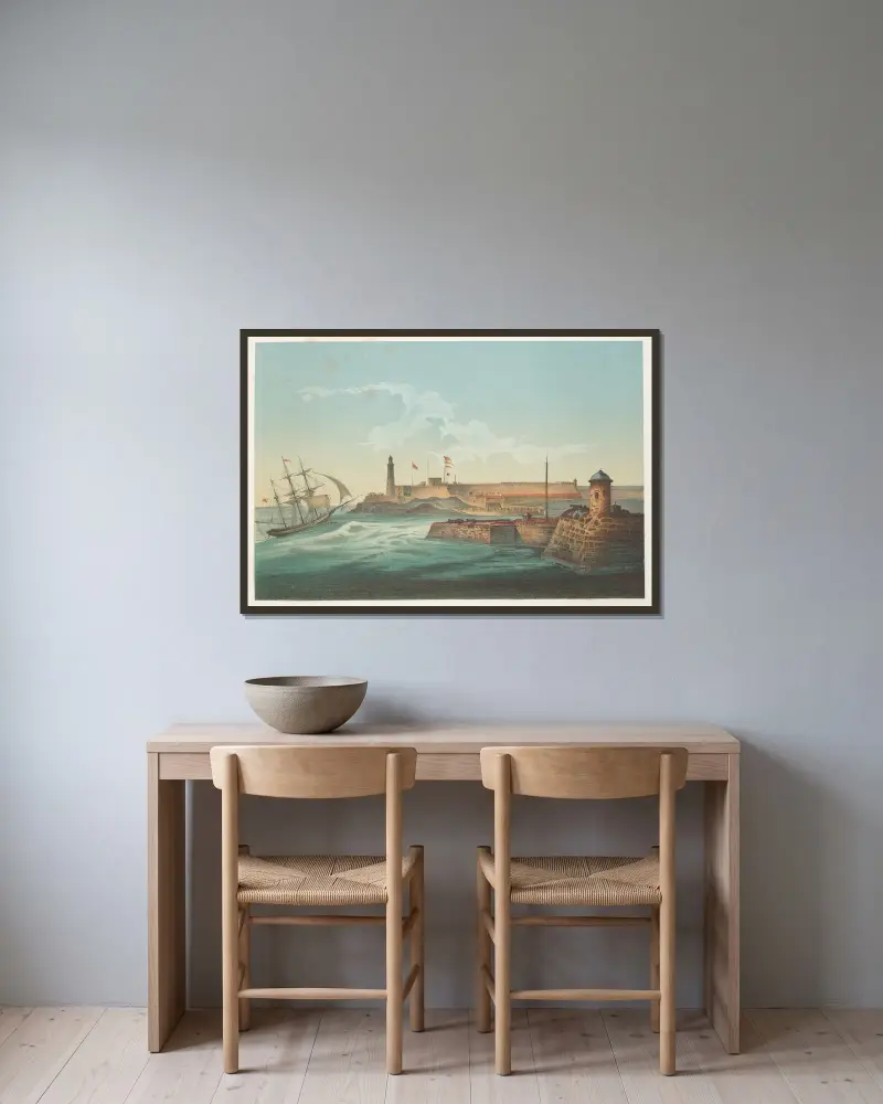 Morro och Havannas hamninlopp av Pierre Toussaint Frédéric Mialhe inramad på en vägg