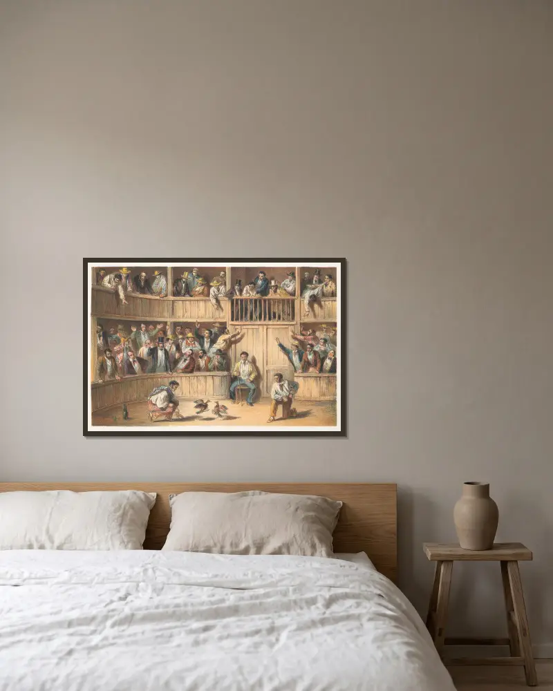Hahnenkampf von Pierre Toussaint Frédéric Mialhe gerahmt an einer Wand
