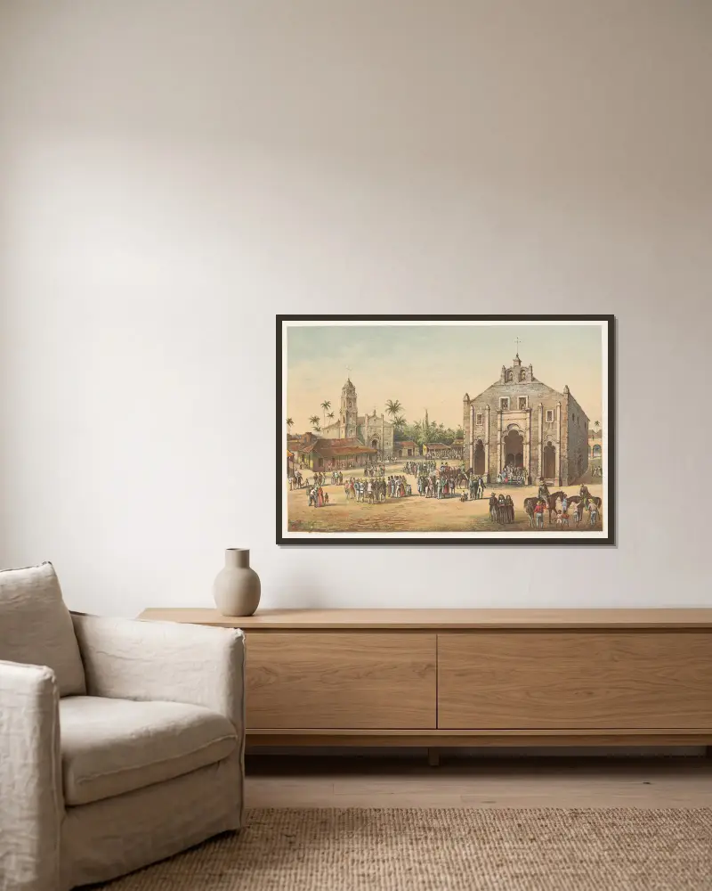 Blick auf die Hauptkirche und die Ermita del Buen Viaje von Pierre Toussaint Frédéric Mialhe gerahmt an einer Wand
