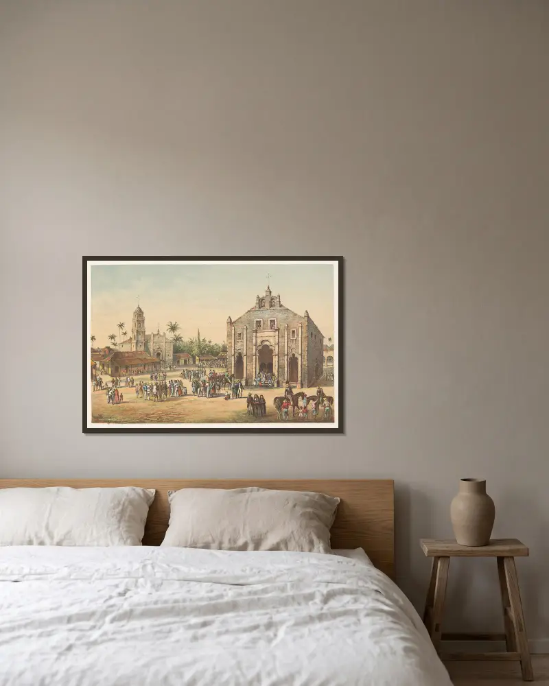 Blick auf die Hauptkirche und die Ermita del Buen Viaje von Pierre Toussaint Frédéric Mialhe gerahmt an einer Wand