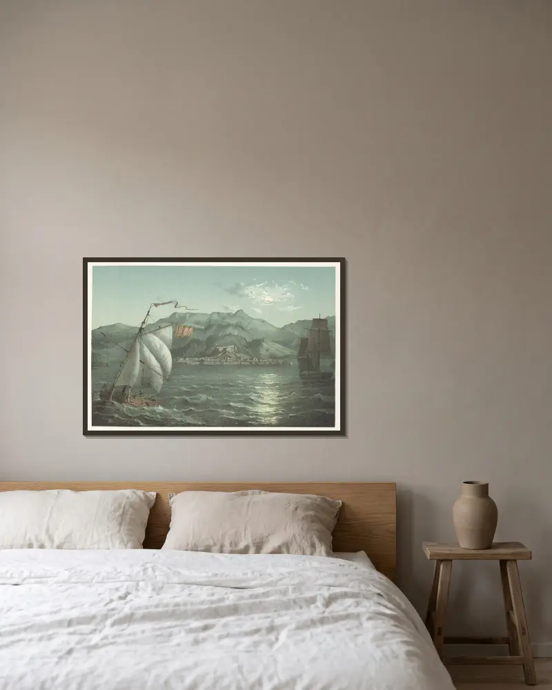 Allgemeine Ansicht der Stadt und Berge von Baracoa von Pierre Toussaint Frédéric Mialhe gerahmt an einer Wand
