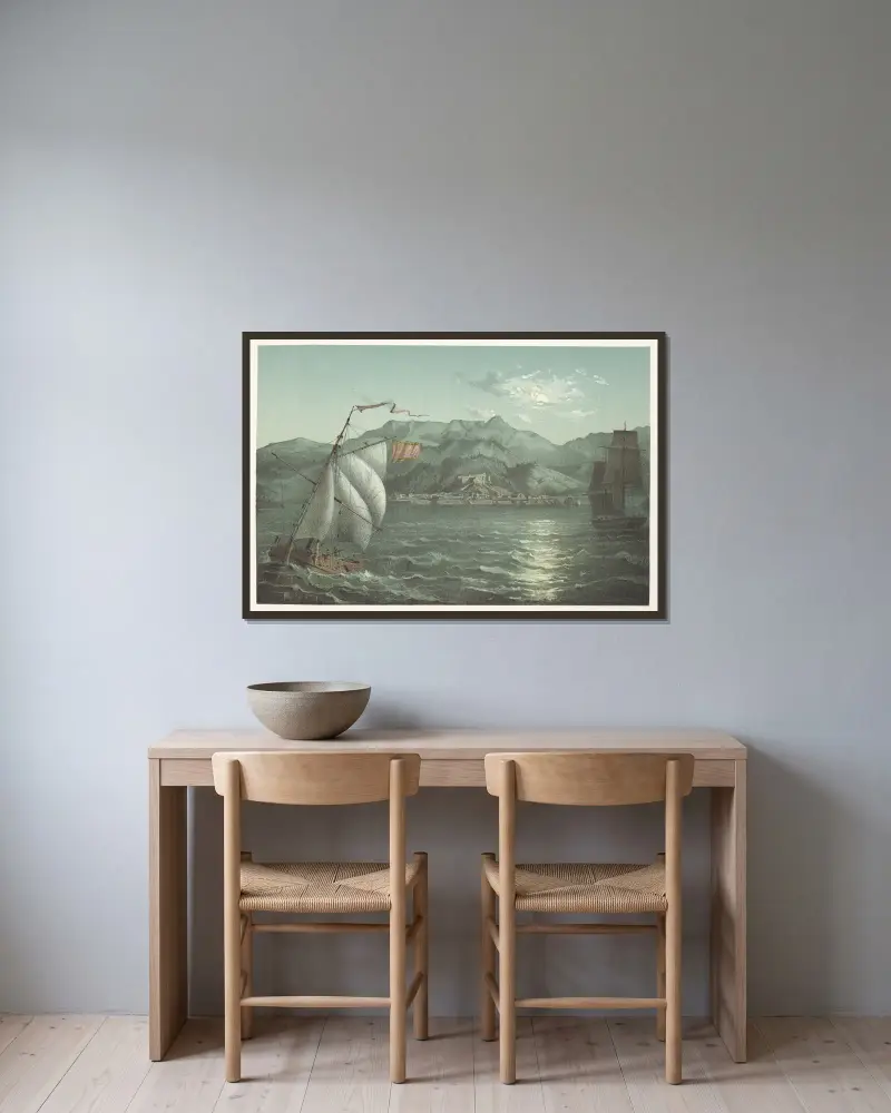 Allgemeine Ansicht der Stadt und Berge von Baracoa von Pierre Toussaint Frédéric Mialhe gerahmt an einer Wand