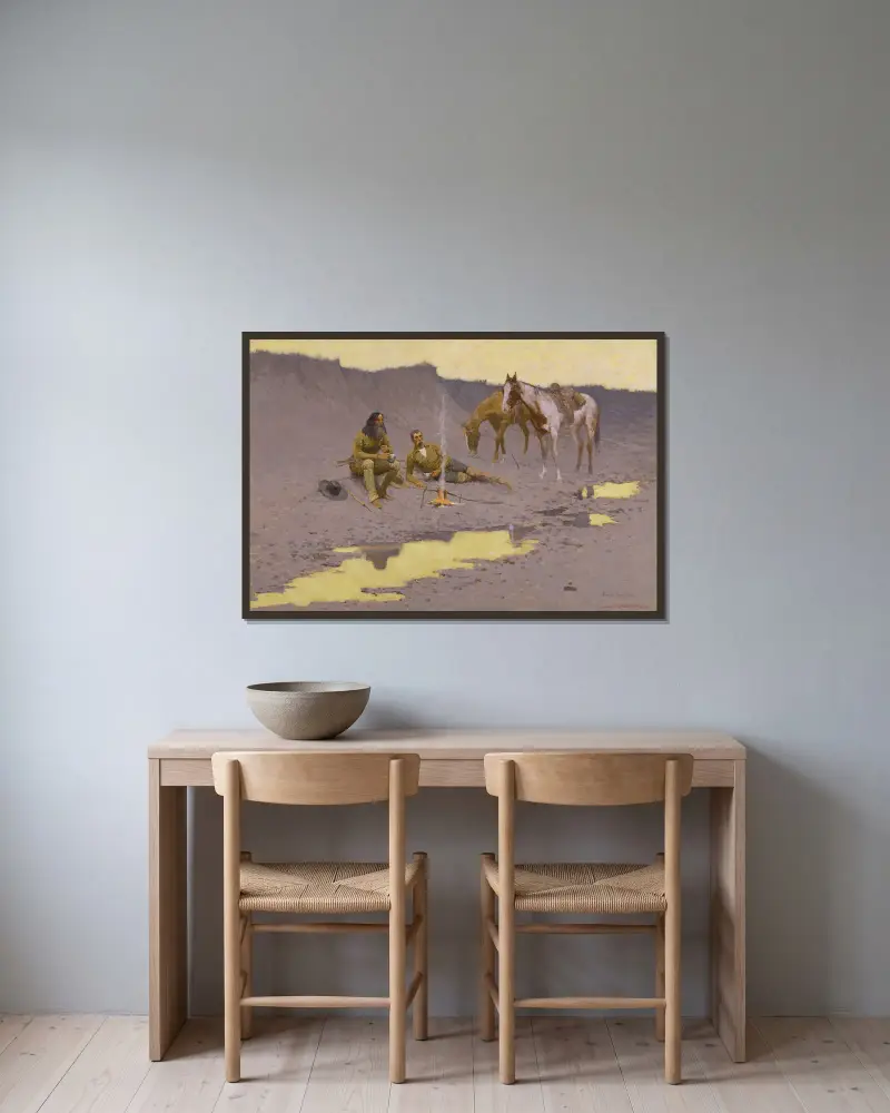 Ein Neujahr am Cimarron von Frederic Remington gerahmt an einer Wand