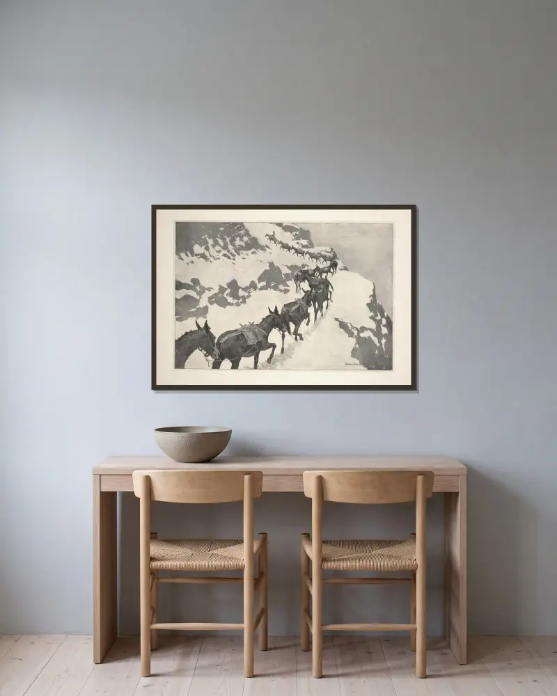 Ett malmtåg på väg in i silvergruvorna, Colorado av Frederic Remington inramad på en vägg