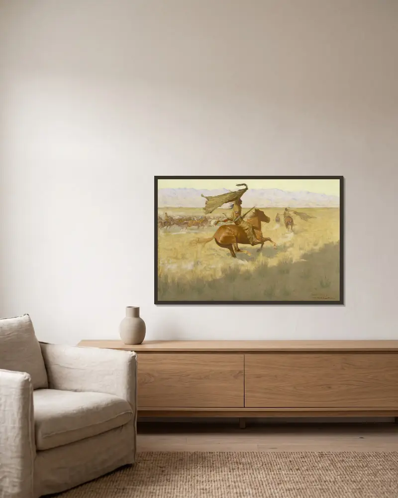 Ägarbyte (Stämpeden; Hästtjuvar) av Frederic Remington inramad på en vägg