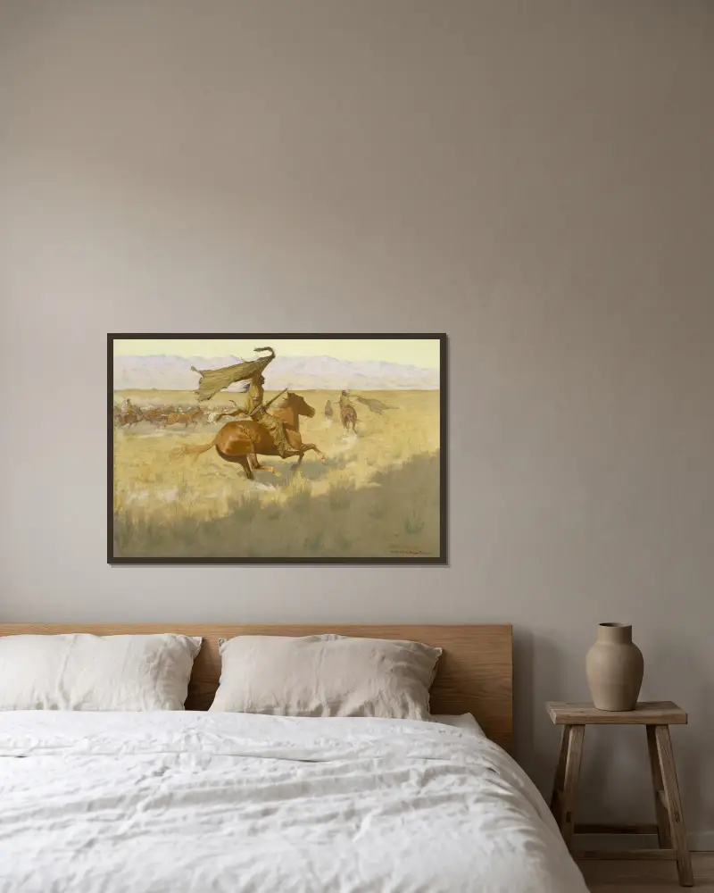 Ägarbyte (Stämpeden; Hästtjuvar) av Frederic Remington inramad på en vägg