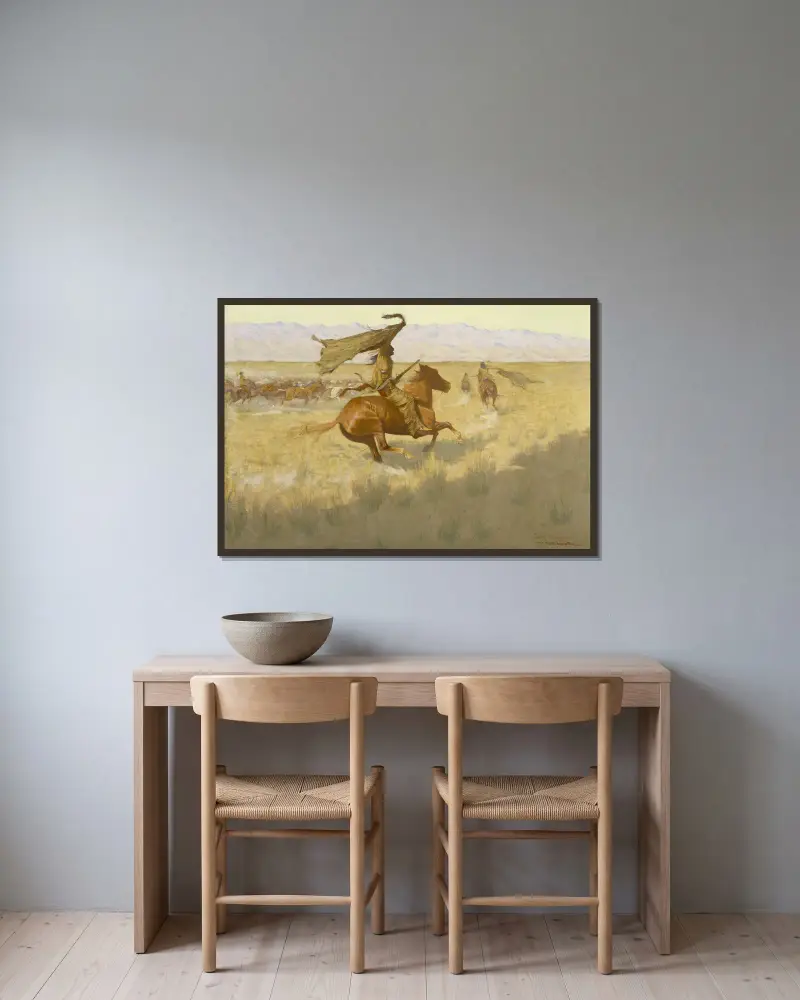Ägarbyte (Stämpeden; Hästtjuvar) av Frederic Remington inramad på en vägg