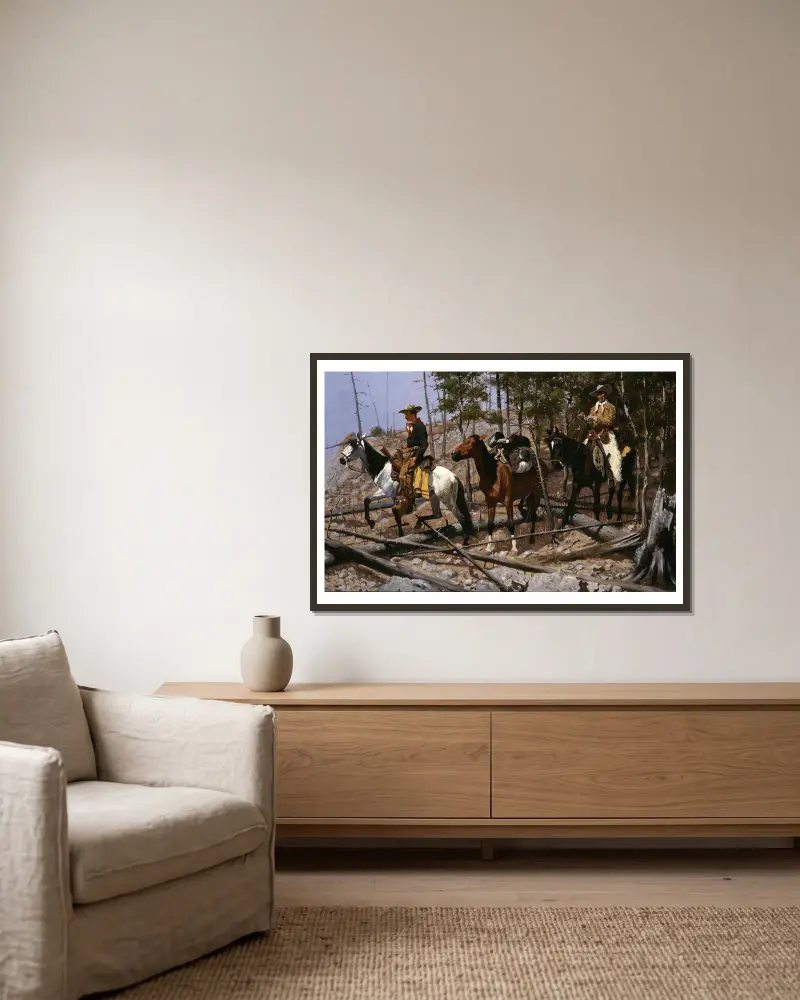 Prospecting for Cattle Range av Frederic Remington inramad på en vägg
