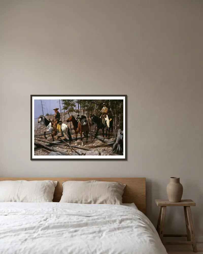 Prospecting for Cattle Range av Frederic Remington inramad på en vägg