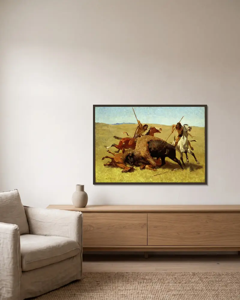 Die Büffeljagd von Frederic Remington gerahmt an einer Wand
